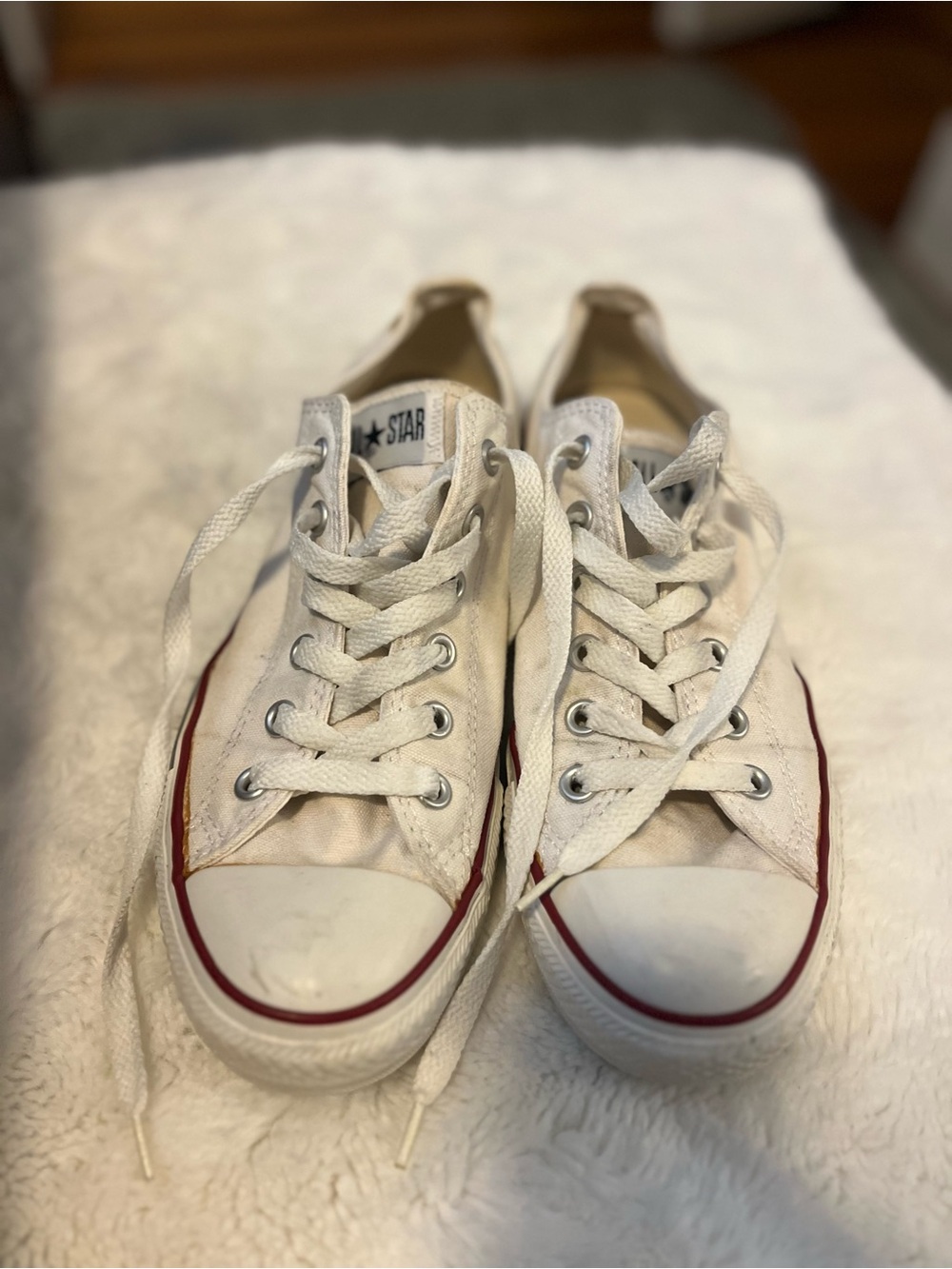 Converse White Canvas Low-Top Sneakers with Red Stripe